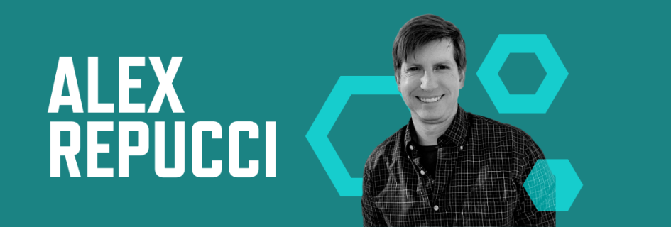 header graphic with a teal background. Photo of Alex Repucci and his name in large white front.