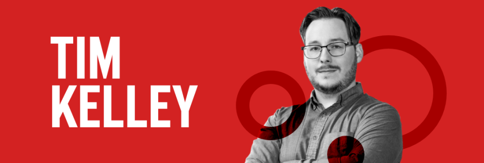 header graphic with red background with a photo of Tim Kelley and his name in large white font