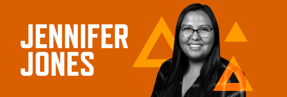 Header graphic with an orange background. Photo of Jennifer Jones with her name in large white font.