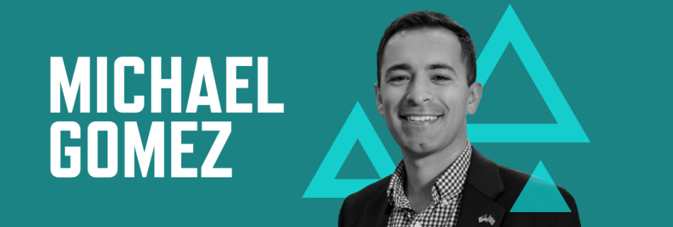 header graphic with a teal background, photo of Micael Gomez, and his name in large white font.